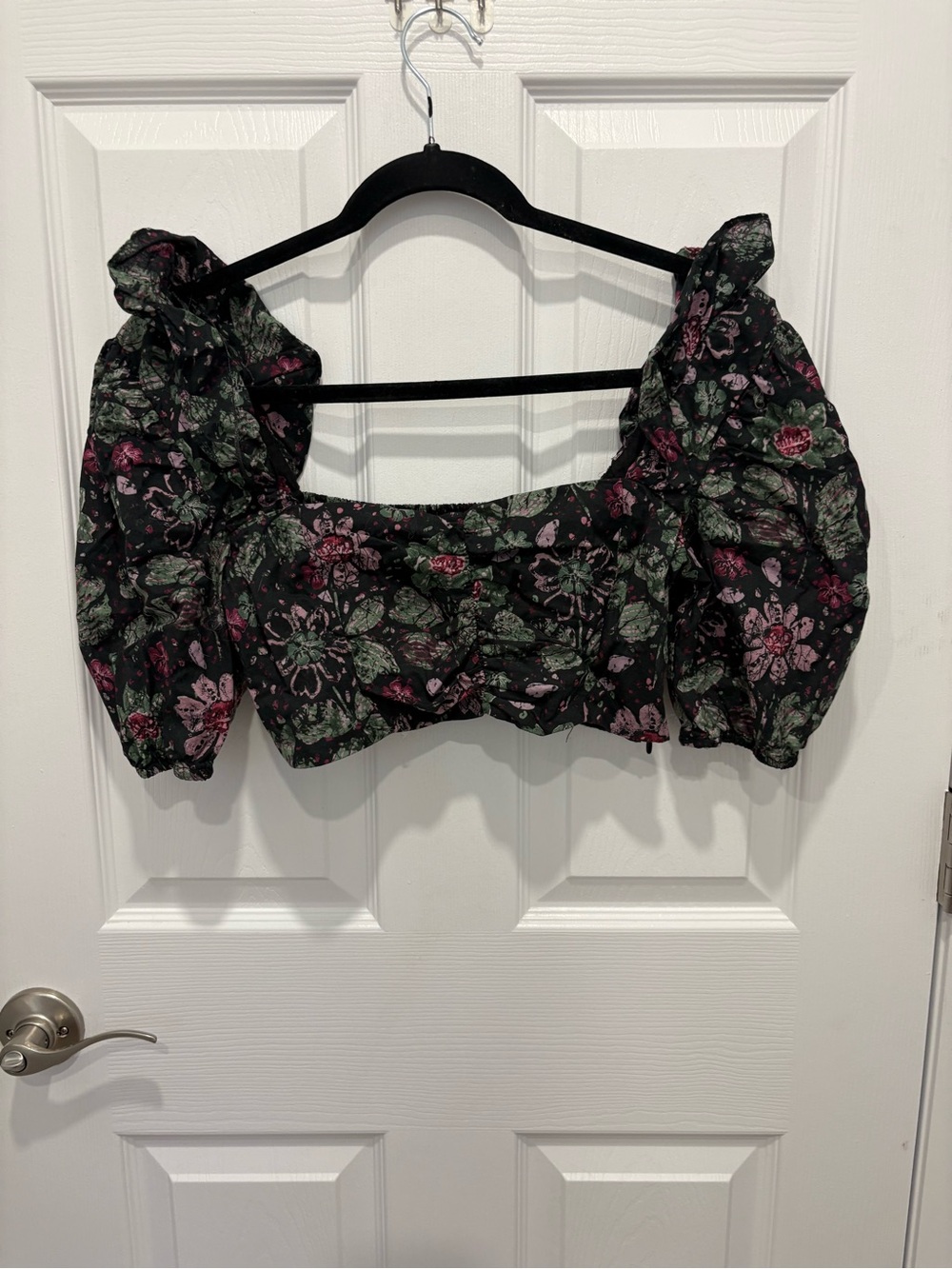Zara Black Floral Puff-Sleeve Crop Top with Pink & Green Accents #1029